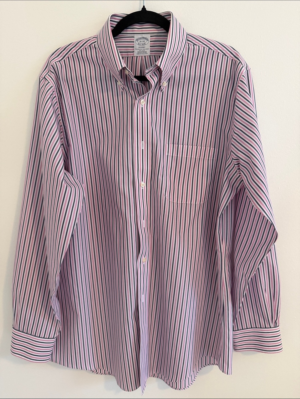 Brooks Brothers Regent Men’s Pink Navy Striped Button-Down Dress Shirt